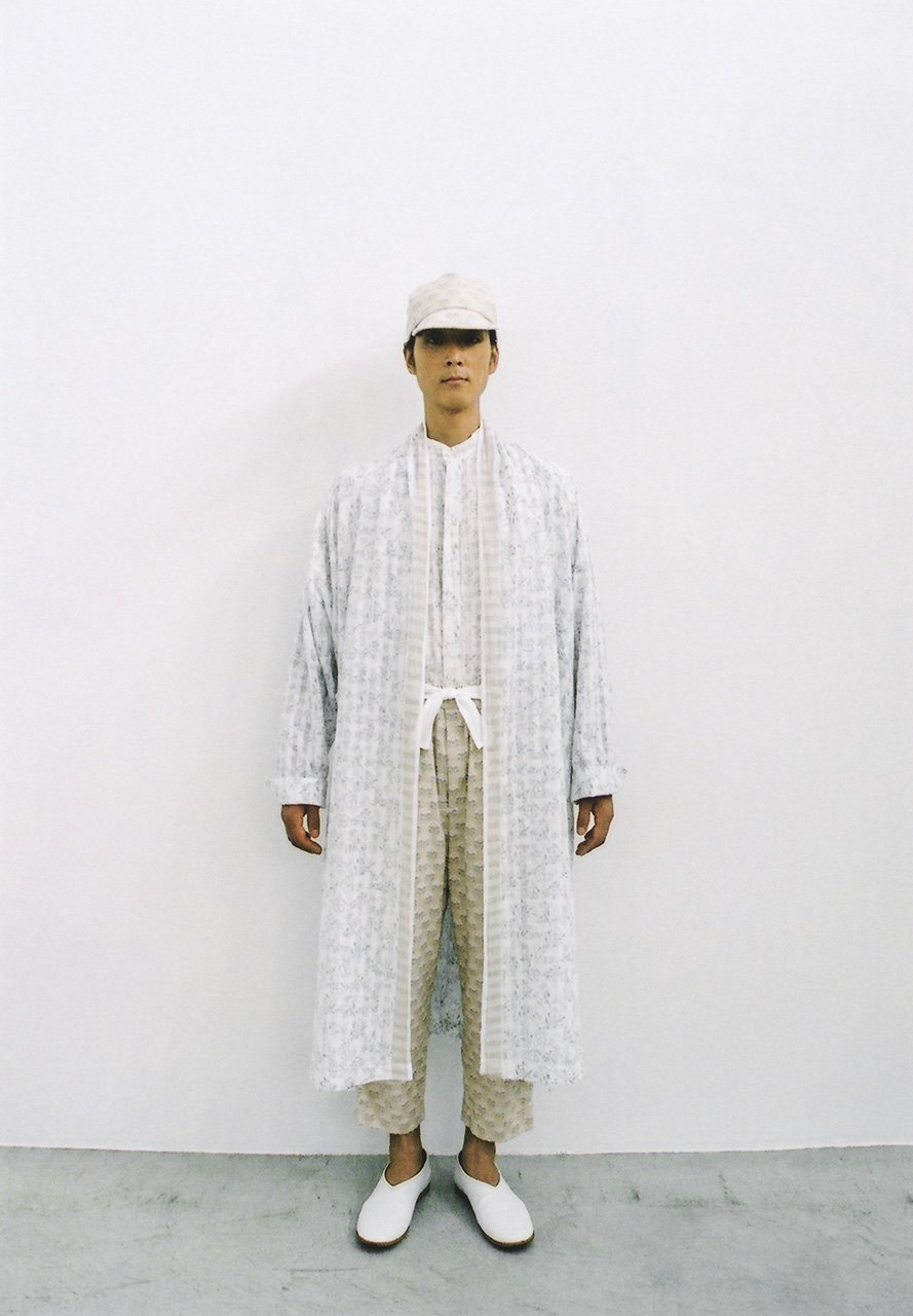 Khadi Nadeshiko woodblock printing white colored haori robe, Khadi-canvas Cockscomb woodblock printing natural colored pants and baseball cap
