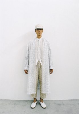 Khadi Nadeshiko woodblock printing white colored haori robe, Khadi-canvas Cockscomb woodblock printing natural colored pants and baseball cap