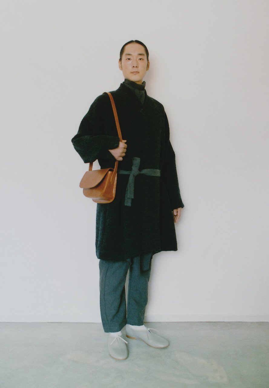 Alpaca boucle wool charcoal grey colored folk haori, Cotton silk chiffon scarf shirt and Cotton broad wool folk pants