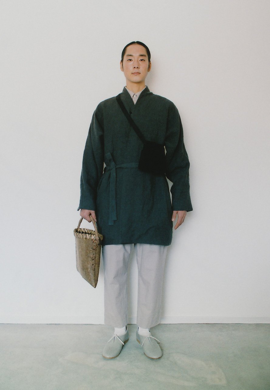 Linen canvas dark gray colored haori, Cotton broad wool shirt and Folk pants
