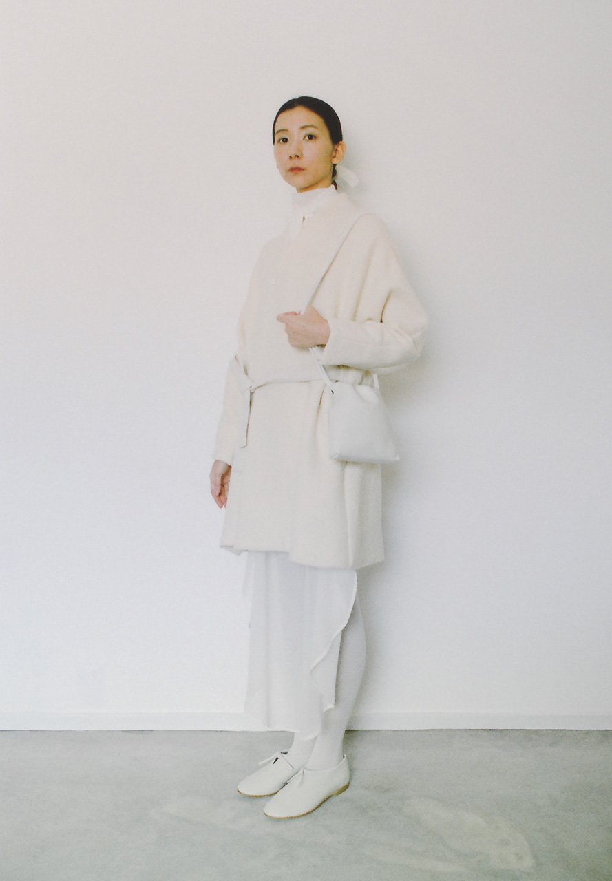 Alpaca boucle wool white colored folk haori and Cotton silk chiffon scarf shirt dress