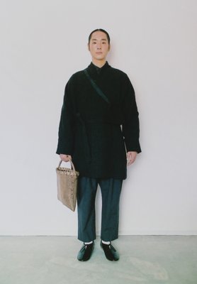 Linen canvas black colored haori, Organic cotton ancient soot colored farmer shirt and cotton broad wool fork pants