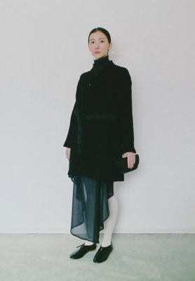 Alpaca boucle wool black colored folk haori, Cotton silk chiffon scarf shirt dress and Beautiful naturally tanned leather wallet