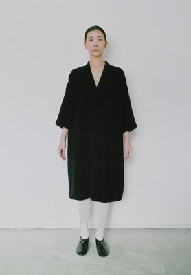 Alpaca boucle wool black colored v-necked dress