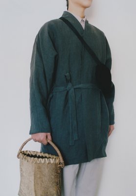 Jomon tanned and smoked leather black colored drawstring bag, Japanese wing nut tree hand basket