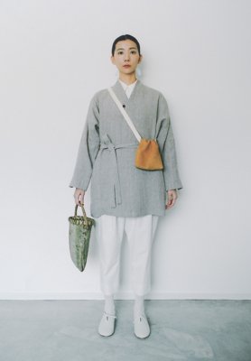 Linen canvas beige colored haori, Cotton broad wool shirt and Folk pants