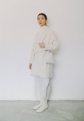 Alpaca boucle wool white colored folk haori and Cotton silk chiffon scarf shirt dress