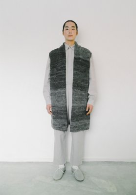 Hand-knitted haori vest made of hand-spun gray wool, by sheep from a farm in Hokkaido.