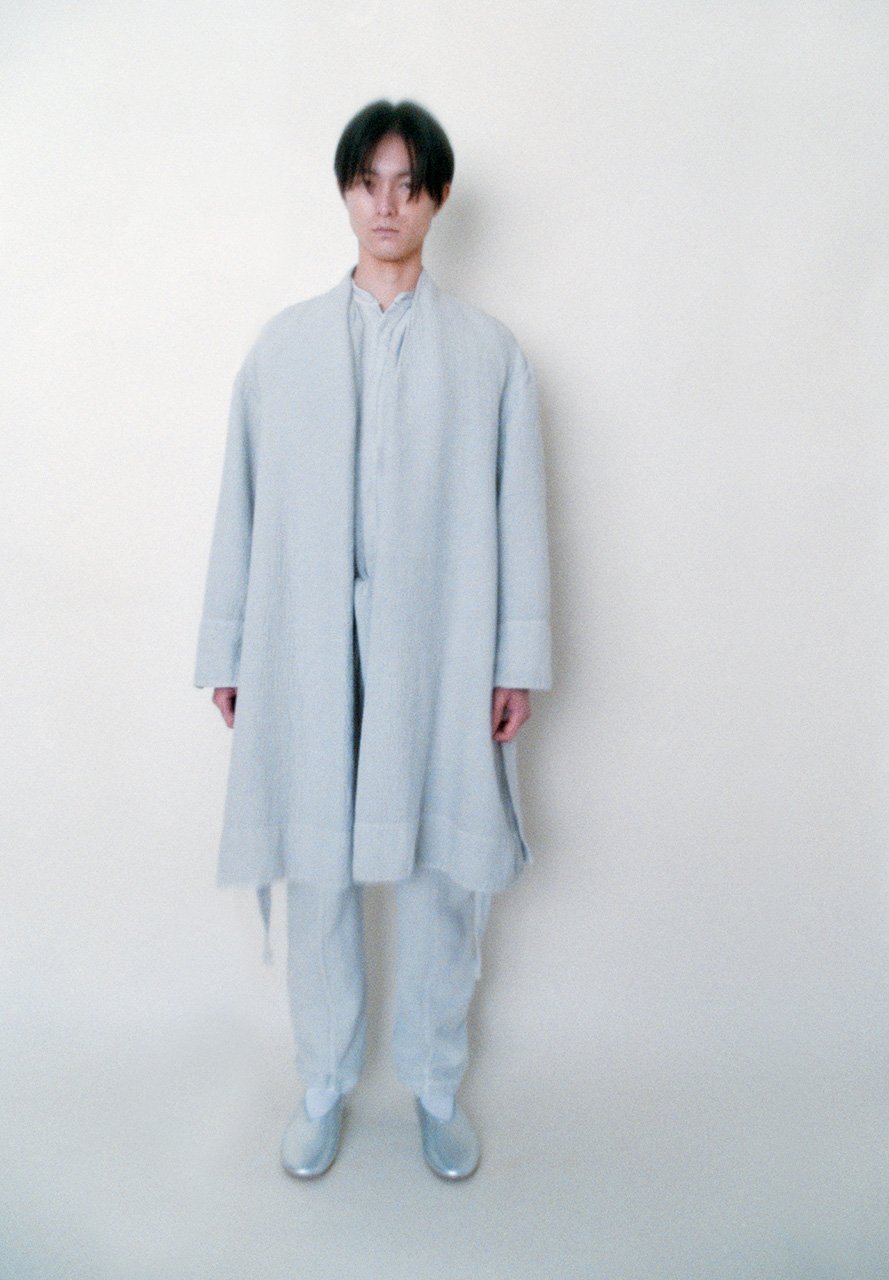 Flower of Life Sashiko hemp cotton light-sumi dyed Haori coat, gathered shirt and tattuke