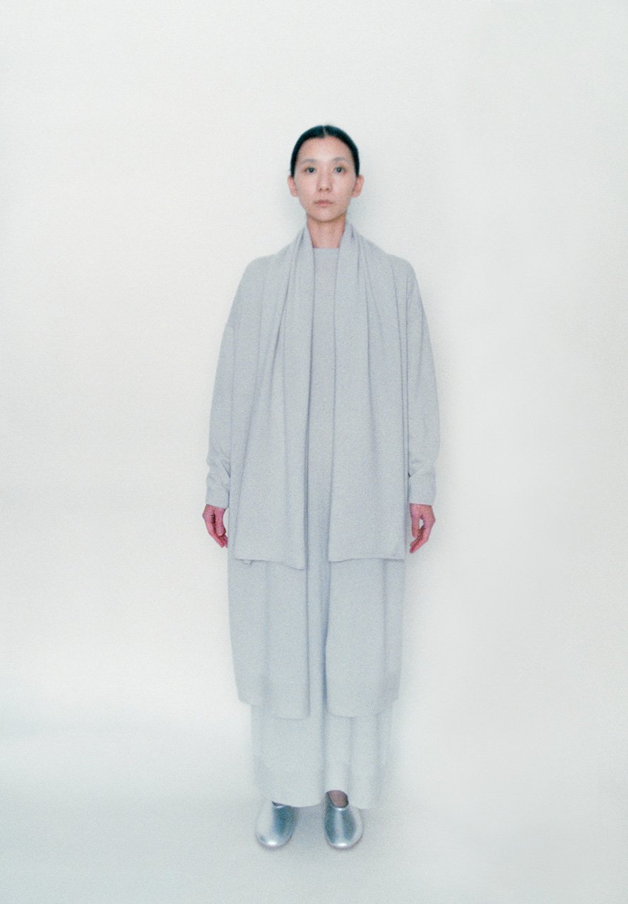 Light and warm light gray colored cashmere haori coat with long dress and scarf