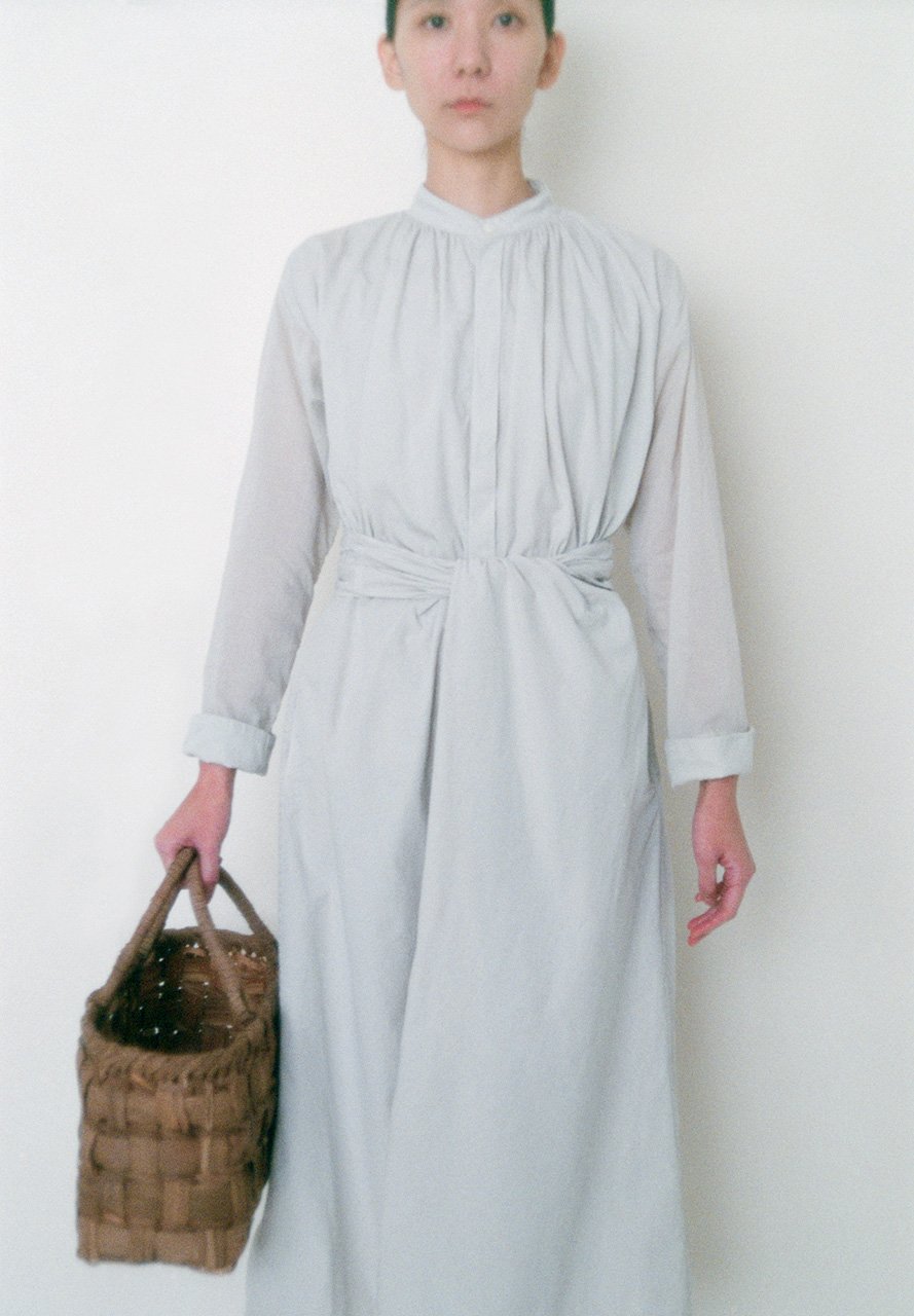 Organic cotton dawn colored shirt wrapped dress and Japanese wing nut hand basket