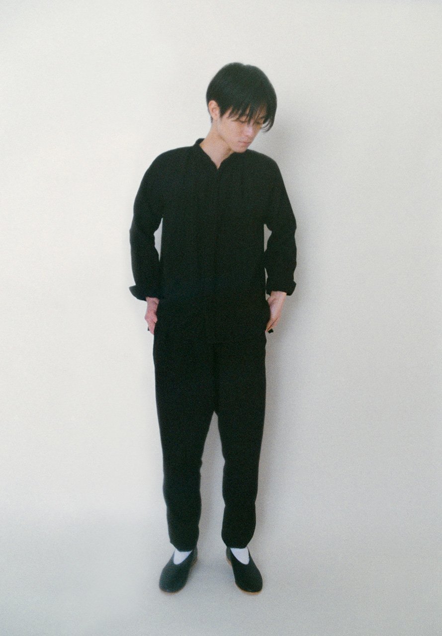 Flower of Life Sashiko hemp cotton mad-dyed gathered shirt and tattuke