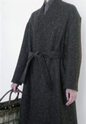 Brown colored kempi melton haori coat and Japanese wing nut hand basket