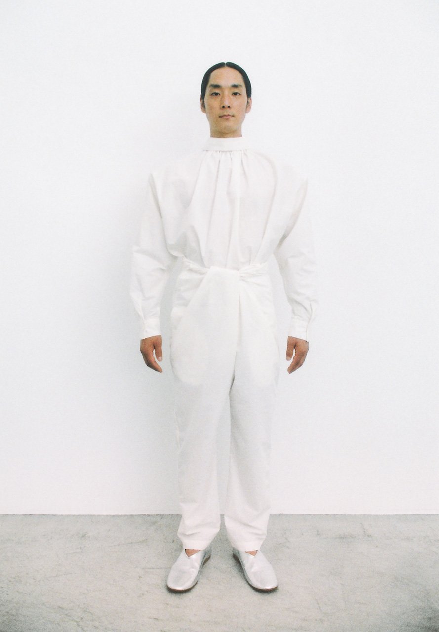 Cotton linen noragi dress shirt and wrapped slack