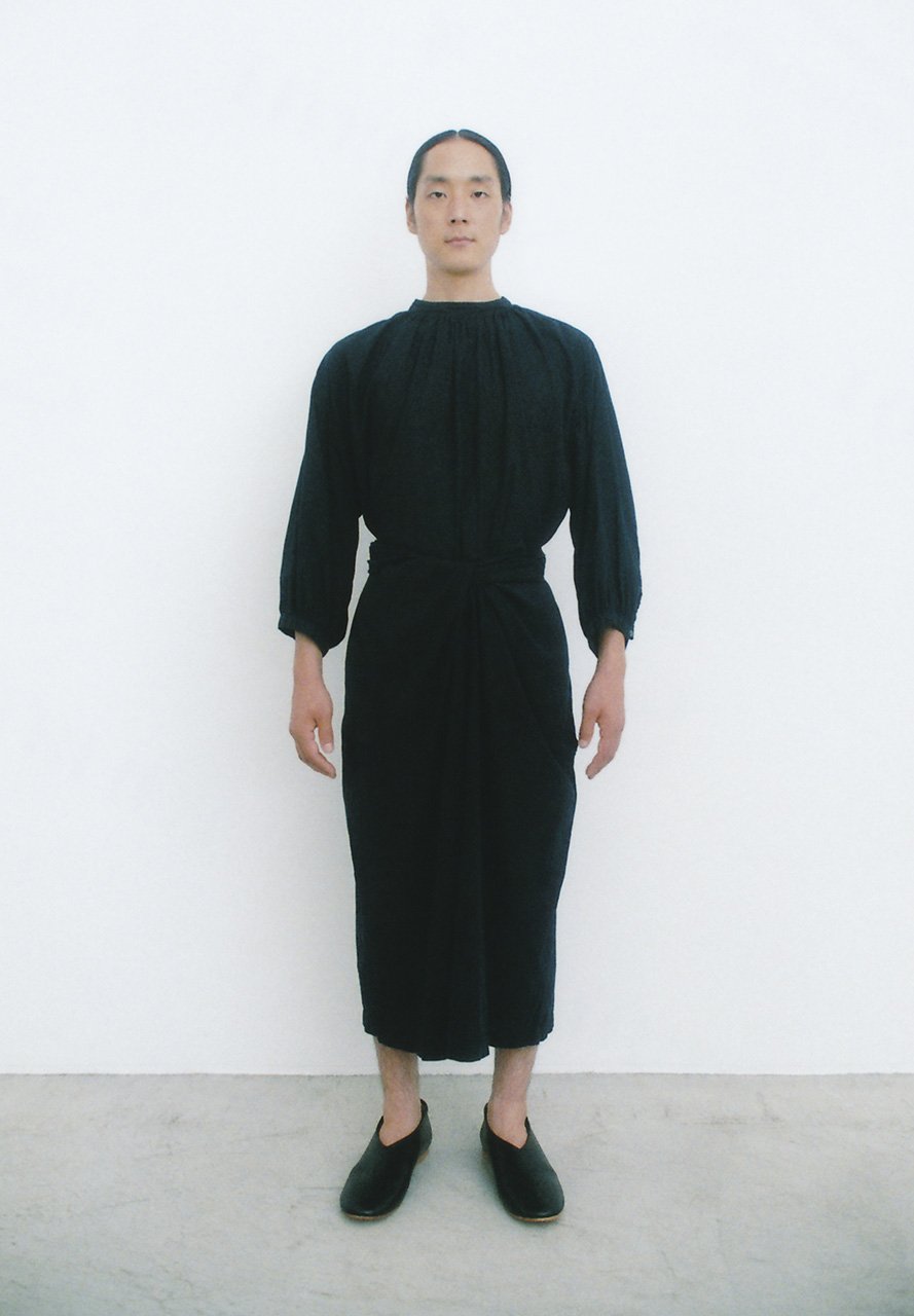 Striped hand-woven silk-cotton sumi-yambaru indigo dyed dream shirt and wrapped culotte pants