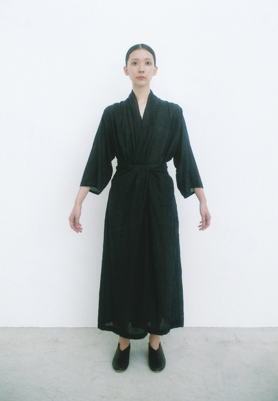 Hand-woven silk-cotton sumi-yambaru indigo dyed night wrapped dress