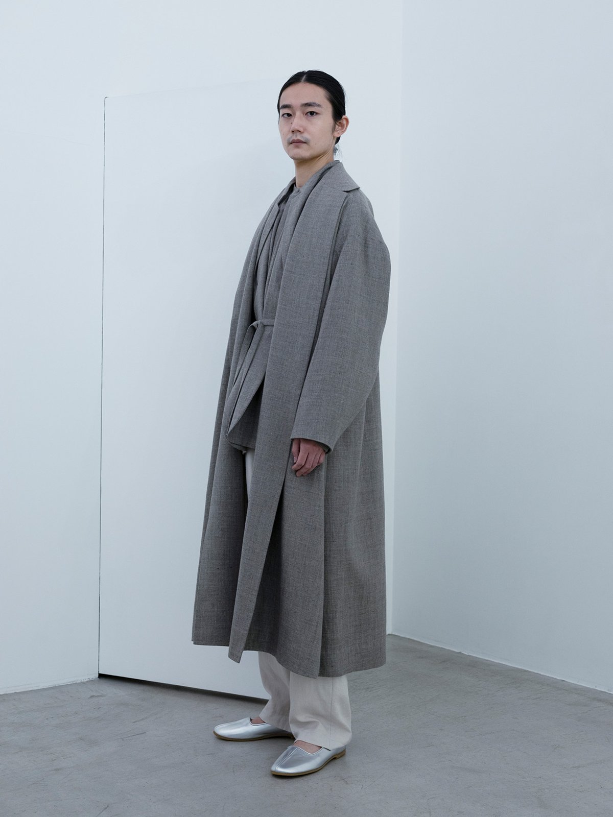 Linen wool sharkskin belted coat, Jacket and classic shirt, Cotton linen classic broadcloth work pants, Silver folk shoes