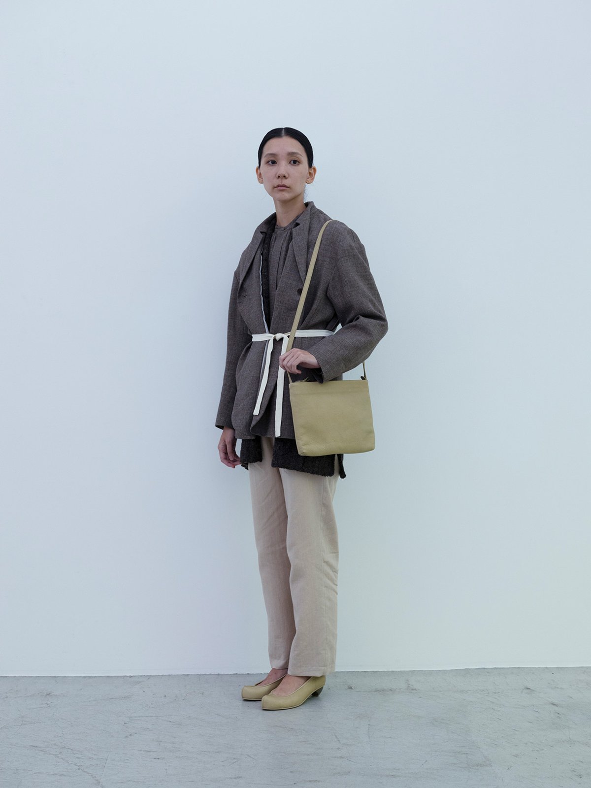 Linen wool sharkskin jacket and Classic shirt, Japanese wool sleeveless haori vest, Cotton linen classic broadcloth work pants, Deerskin conductor bag, Deerskin “koshin” folk pumps