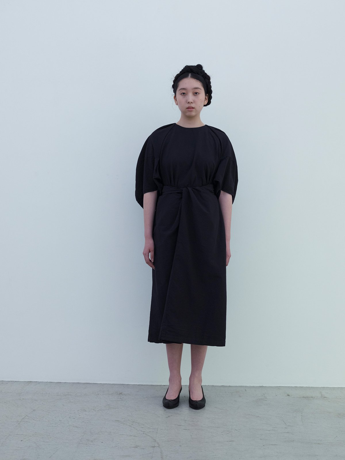 Cotton paper voile spacecraft wrapped dress, Deerskin “koshin” folk pumps