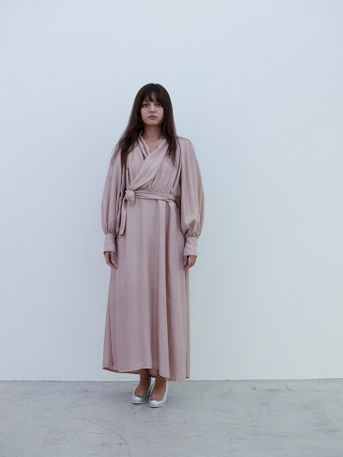 Orange jade colored Silk twill MM dress, Silver “koshin” folk pumps