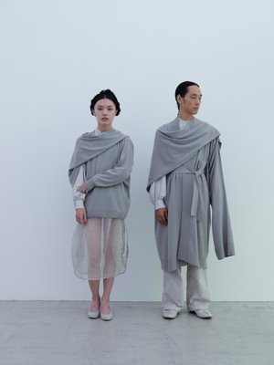 Left / Cashmere sweater, Jade colored silk tweed classic shirt, Jade colored Silk organdie drawstring bag skirt, Deerskin “koshin” folk pumpsRight /Cashmere cardigan, Jade colored silk twill classic shirt, Cotton linen classic broadcloth work pants, Deerskin folk shoes