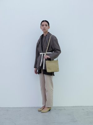 Linen wool sharkskin jacket and Classic shirt, Japanese wool sleeveless haori vest, Cotton linen classic broadcloth work pants, Deerskin conductor bag, Deerskin “koshin” folk pumps