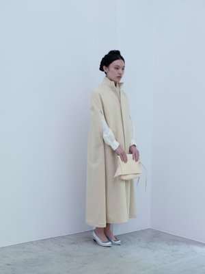 Japanese suffolk melton cloak, Silk twill classic shirt, Japanese deerskin harvest clutch bag, Silver “koshin” folk pumps