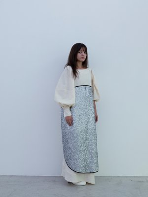 Light linen wool geometry dress with circle sequin, Deerskin “koshin” folk pumps