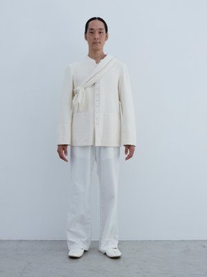 Shell-dyed shell-colored Garabo work jacket, Shell-dyed Cotton linen classic broadcloth work pants, Deerskin folk shoes