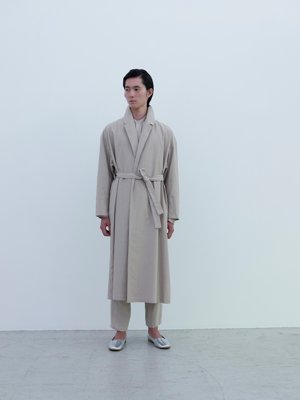 Classic back satin belted coat, Beeswax colored Silk twill shirt, Linen Oxford “tattuke” pants, Silver folk shoes