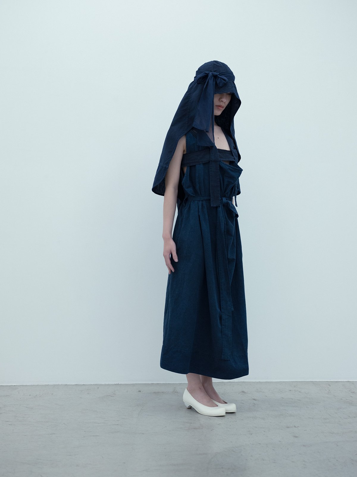 Cotton linen weather cloth sumi-yambaru colored big tank day dress, Tasuki