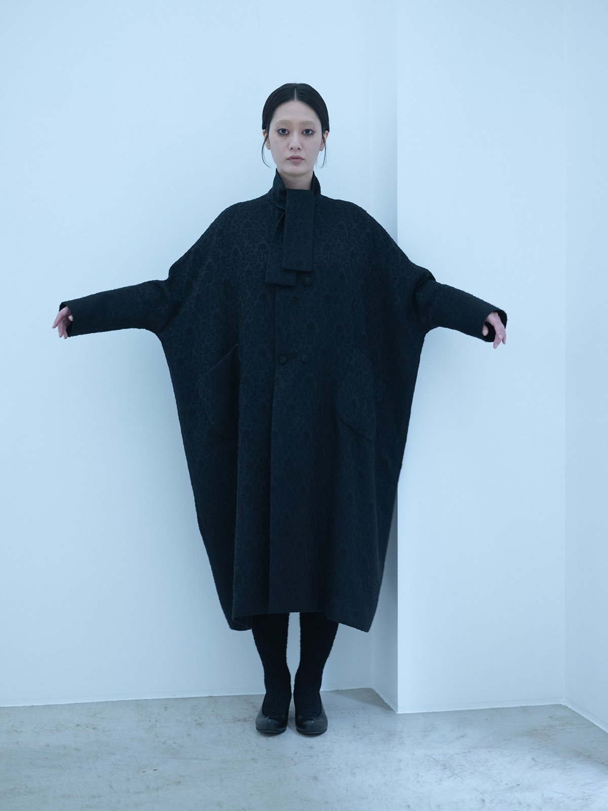 Arabesque silk wool dolman sleeve coat with shawl