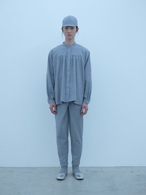 Light merino wool linen cotton glencheck elegant gathered shirt, wrapped pants with elastic hem, folk cap