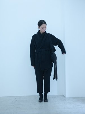 Alpaca loop knit folk collar cardigan, Arabesque silk wool folk pants and shoulder bag