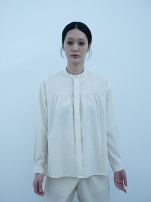 Light merino wool linen cotton glencheck elegant gathered shirt