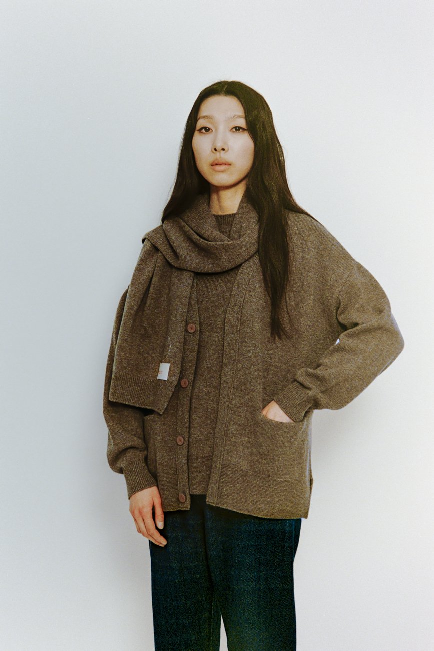 Tasmanian wool knitted cardigan with front fly and sweater, scarf.