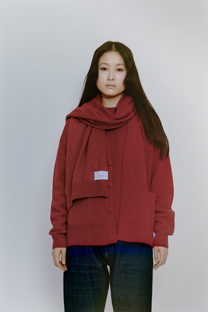 Tasmanian wool knitted cardigan with front fly and sweater, scarf.