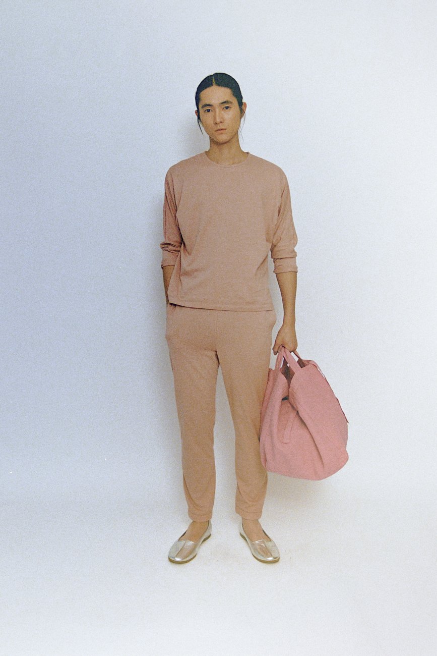 Cotton cashmere jersey long sleeve T-shirt and pants. Flower of Life Sashiko large square tote bags.