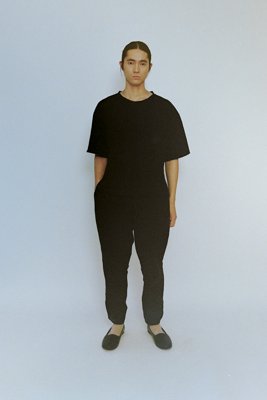 Organic cotton crazy darts T-shirt. Cotton canvas folk pants.