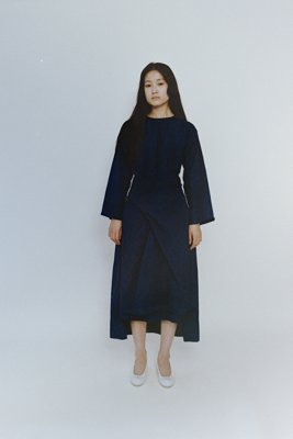 Wrapped dress with top combined with wrapped skirt and open back slit. The dye is Ryukyu indigo.