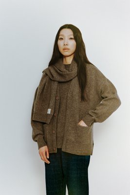 Tasmanian wool knitted cardigan with front fly and sweater, scarf.