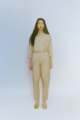 Organic cotton broadcloth open-collared shirt. Cotton canvas folk pants.