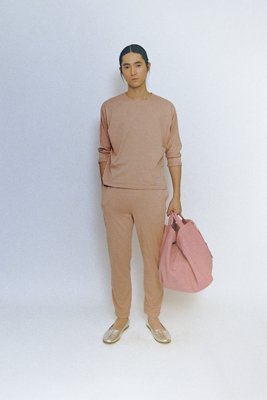 Cotton cashmere jersey long sleeve T-shirt and pants. Flower of Life Sashiko large square tote bags.