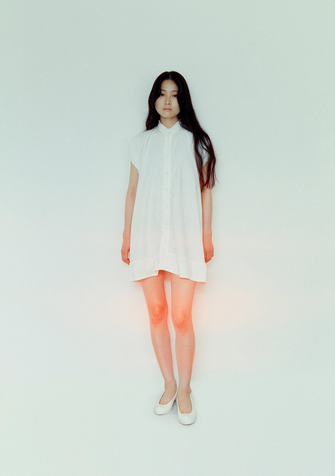 Organic cotton broadcloth paper bag shirt dress with frill lace