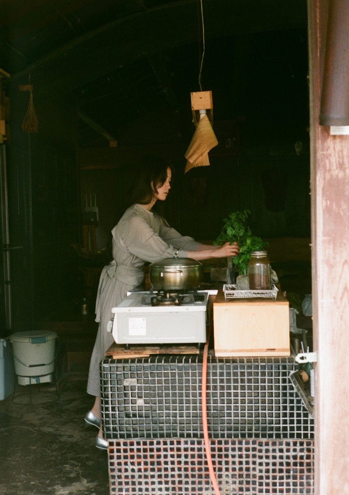Layered violet ash-colored tasuki apron over a European stripe combination wrapped skirt