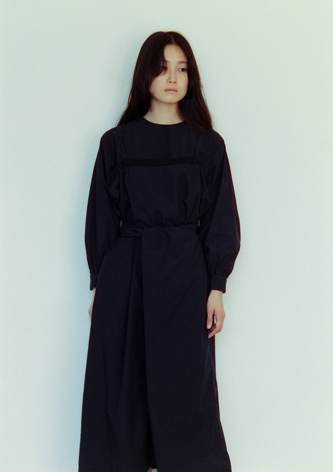 Layered tasuki apron over European stripe combination farmer dress