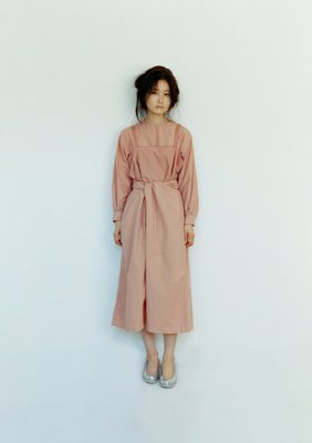 Layered rose crystal-colored tasuki apron over an organic cotton broadcloth wrapped dress